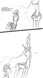 Size: 648x1176 | Tagged: safe, artist:d715, character:princess celestia, character:smarty pants, character:twilight sparkle, species:alicorn, species:pony, species:unicorn, comic, female, filly, filly twilight sparkle, male, mare, momlestia, monochrome, ponies riding ponies, pony hat, royal guard, stallion