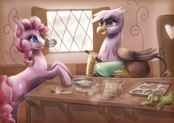 Size: 1200x848 | Tagged: safe, artist:nalenthi, character:gilda, character:gummy, character:pinkie pie, species:griffon, episode:the lost treasure of griffonstone, g4, my little pony: friendship is magic, baking, cute, diapinkes, eye contact, flour, gildadorable, leaning, mouth hold, open mouth, smiling, stirring