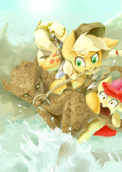 Size: 1024x1446 | Tagged: safe, artist:chung-sae, character:apple bloom, character:applejack, species:earth pony, species:pony, apple sisters, big cat, cat, cheetah, lasso, open mouth, rope, saber-toothed cat, screaming, splash, water, wrangling