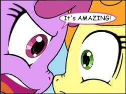 Size: 526x394 | Tagged: safe, artist:tikyotheenigma, character:berry punch, character:berryshine, character:carrot top, character:golden harvest, amazing horse, cropped, reaction image