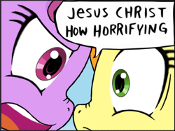 Size: 526x394 | Tagged: safe, artist:tikyotheenigma, edit, character:berry punch, character:berryshine, character:carrot top, character:golden harvest, cropped, jesus christ how horrifying, reaction image