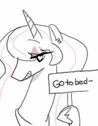 Size: 720x920 | Tagged: safe, artist:dkssud, edit, character:princess celestia, bedroom eyes, blushing, eyeshadow, female, go to bed, grin, heart eyes, hoof hold, looking at you, monochrome, sign, smiling, solo, wingding eyes