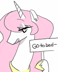 Size: 698x859 | Tagged: safe, artist:dkssud, edit, character:princess celestia, princess molestia, bedroom eyes, blushing, color edit, colored, eyeshadow, female, go to bed, grin, heart eyes, hoof hold, looking at you, sign, smiling, solo, wingding eyes