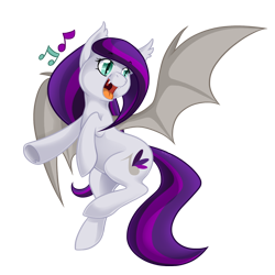 Size: 1000x1000 | Tagged: safe, artist:skjolty, oc, oc only, oc:sweet hum, species:bat pony, species:pony, fangs, flying, music notes, singing, solo
