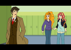 Size: 4961x3508 | Tagged: safe, artist:westphalianartist, character:adagio dazzle, character:doctor whooves, character:sunset shimmer, character:time turner, my little pony:equestria girls, alternate costumes, clothing, crossover, david tennant, doctor who, handsome, hoodie, open mouth, school, story included, suit, tenth doctor, the doctor
