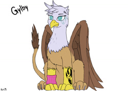 Size: 1280x905 | Tagged: safe, artist:bis'9, oc, oc only, species:griffon, fluffy, simple background, sitting, smiling, solo, tattoo