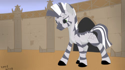 Size: 1366x768 | Tagged: safe, artist:bis'9, oc, oc only, oc:xenith, species:pony, species:zebra, fallout equestria, fanfic, fanfic art, female, mare, solo, zebra oc