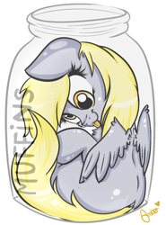 Size: 800x1080 | Tagged: safe, artist:amberony, character:derpy hooves, species:pony, blep, cute, derpabetes, female, fluffy, jar, looking at you, looking back, pony in a bottle, silly, silly pony, simple background, sitting, smiling, solo, tongue out, white background