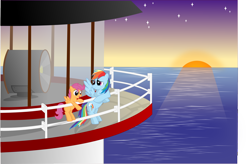 Size: 3058x2010 | Tagged: safe, artist:crimsonlynx97, character:rainbow dash, character:scootaloo, high res, lighthouse, ocean, scootalove, sunset