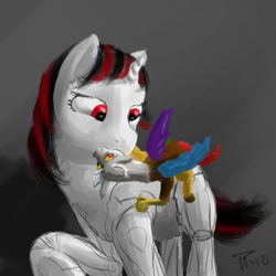 Size: 1800x1800 | Tagged: safe, artist:juleppony, character:discord, oc, oc:blackjack, species:draconequus, species:pony, species:unicorn, fallout equestria, fallout equestria: project horizons, canon x oc, cyborg, female, kissing, male, shipping, straight, tiny