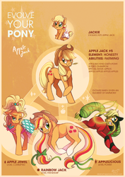 Size: 566x800 | Tagged: safe, artist:elbdot, part of a set, character:applejack, character:mistress marevelous, species:earth pony, species:pony, g4, applejewel, babyjack, crossover, cute, evolution, evolution chart, female, filly, jackabetes, mare, mouth hold, parody, pokémon, rainbow power, that pony sure does love apples, young