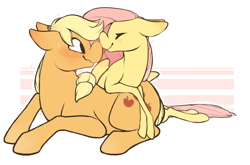 Size: 956x632 | Tagged: safe, artist:tigs, character:applejack, character:fluttershy, ship:appleshy, blushing, boop, cute, eyes closed, female, floppy ears, leaning, lesbian, nervous, noseboop, prone, shipping, simple background, skinny legs, smiling, sweat, thin legs, wavy mouth