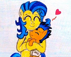 Size: 1000x798 | Tagged: safe, artist:bravokrofski, character:flash sentry, oc, oc:milky way, species:pony, baby, cute, diaper, fanon, female, foal, heart, hug, mare, mother and son, traditional art