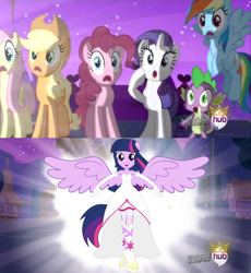 Size: 638x693 | Tagged: safe, artist:birdalliance, edit, edited screencap, screencap, character:applejack, character:fluttershy, character:pinkie pie, character:rainbow dash, character:rarity, character:spike, character:twilight sparkle, character:twilight sparkle (alicorn), species:alicorn, species:dragon, species:earth pony, species:pegasus, species:pony, species:unicorn, episode:magical mystery cure, g4, my little pony: friendship is magic, my little pony:equestria girls, alicorn flash, angel, beautiful, clothing, dress, evening gloves, exploitable meme, fishnets, gloves, happy, high heel boots, hub logo, meme, ponied up, smiling, sparkles, this isn't even my final form, wings
