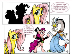 Size: 900x692 | Tagged: safe, artist:halfsparkle, character:big mcintosh, character:discord, character:fluttershy, character:pinkie pie, species:earth pony, species:pony, ask, ask sex-positive fluttershy, clothing, comic, crossdressing, dress, male, silhouette, stallion, tumblr, tuxedo