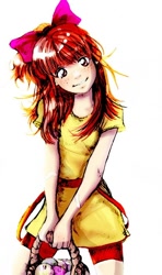 Size: 414x700 | Tagged: safe, artist:yanabau, character:apple bloom, species:human, 2010s, 2012, apple, basket, beautiful, bow, clothing, compression shorts, dress, female, food, freckles, head tilt, humanized, plaster, red hair, shorts, simple background, smiling, solo, tomboy, white background