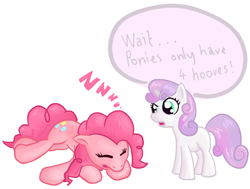 Size: 1764x1332 | Tagged: safe, artist:runbowdash, character:pinkie pie, character:sweetie belle, confused, extra legs, puzzled, sleeping, sleipnir, wat