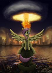 Size: 2480x3508 | Tagged: safe, artist:mozgan, character:fluttershy, species:pegasus, species:pony, fallout equestria, apocalypse, armageddon, atomic bomb, badass, balefire bomb, bomb, bone, city, cool guys don't look at explosions, end of the world, explosion, fanfic, fanfic art, female, flutterbadass, hooves, manehattan, mare, megaspell, megaspell explosion, ministry mares, ministry of peace, mushroom cloud, nuclear explosion, riding a bomb, river, sitting, skeleton, skull, solo, spread wings, symbolic, water, wings