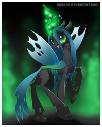 Size: 827x1029 | Tagged: safe, artist:nyaasu, character:queen chrysalis, species:changeling, bedroom eyes, changeling queen, fangs, female, glowing horn, looking at you, open mouth, pixiv, raised hoof, signature, smiling, solo, standing, wings