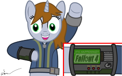 Size: 2400x1500 | Tagged: safe, artist:the barbaric brony, oc, oc only, oc:littlepip, species:pony, species:unicorn, fallout equestria, arm, buttons, clothing, crossover, electronic, fallout, fallout 4, fanfic, fanfic art, female, futuristic, hooves, horn, mare, monitor, open mouth, paint.net, pipboy, pipbuck, signature, simple background, solo, teeth, text, transparent background, vault suit, vector, watermark