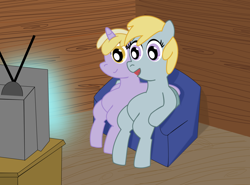 Size: 1024x756 | Tagged: safe, artist:lordswinton, character:chirpy hooves, character:dinky hooves, chirpy hooves, couch, sibling bonding, television