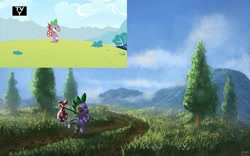 Size: 1280x800 | Tagged: safe, artist:moe, edit, character:spike, episode:dragon quest, g4, my little pony: friendship is magic, bindle, hilarious in hindsight, scene interpretation, scenery, tv rating