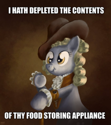 Size: 452x512 | Tagged: safe, artist:moe, edit, character:derpy hooves, species:pegasus, species:pony, caption, female, grammar error, i emptied your fridge, image macro, intellectually hilarious, joseph ducreux, mare, meme, scrunchy face, sesquipedalian loquaciousness, solo, text, ye olde english