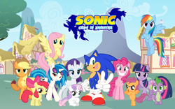 Size: 600x375 | Tagged: safe, artist:snicketbar, character:apple bloom, character:applejack, character:dj pon-3, character:fluttershy, character:pinkie pie, character:rainbow dash, character:rarity, character:scootaloo, character:spike, character:sweetie belle, character:twilight sparkle, character:vinyl scratch, chaos in equestria, crossover, cutie mark crusaders, exploitable meme, mane seven, mane six, meme, sonic the hedgehog (series)