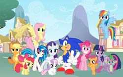 Size: 900x563 | Tagged: safe, artist:snicketbar, character:apple bloom, character:applejack, character:dj pon-3, character:fluttershy, character:pinkie pie, character:rainbow dash, character:rarity, character:scootaloo, character:spike, character:sweetie belle, character:twilight sparkle, character:vinyl scratch, crossover, cutie mark crusaders, exploitable meme, mane seven, mane six, meme, sonic the hedgehog (series)