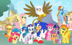 Size: 900x563 | Tagged: safe, artist:snicketbar, character:apple bloom, character:applejack, character:dj pon-3, character:fluttershy, character:gilda, character:pinkie pie, character:rainbow dash, character:rarity, character:scootaloo, character:sonic the hedgehog, character:spike, character:spitfire, character:sweetie belle, character:twilight sparkle, character:vinyl scratch, species:griffon, crossover, cutie mark crusaders, exploitable meme, mane seven, mane six, meme, not this shit again, one of these things is not like the others, sonic the hedgehog (series)