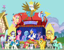 Size: 1280x1008 | Tagged: safe, artist:snicketbar, character:apple bloom, character:applejack, character:bon bon, character:dj pon-3, character:fluttershy, character:gilda, character:lyra heartstrings, character:octavia melody, character:pinkie pie, character:rainbow dash, character:rarity, character:scootaloo, character:sonic the hedgehog, character:spike, character:spitfire, character:sweetie belle, character:sweetie drops, character:twilight sparkle, character:vinyl scratch, species:dragon, species:griffon, species:pony, crossover, cutie mark crusaders, mane seven, mane six, meme, sonic the hedgehog (series)