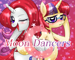 Size: 1000x800 | Tagged: safe, artist:jurisalis, character:moondancer, species:pony, episode:amending fences, g4, my little pony: friendship is magic, bipedal, blushing, duality, frown, glasses, open mouth, pixiv, smiling, sparkles, square crossover, stars, wavy mouth, wink