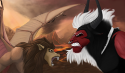 Size: 2840x1672 | Tagged: safe, artist:boomythemc, artist:php130, character:lord tirek, character:scorpan, angry, brothers, collaboration, duo, epic, eye contact, fight, fire, glare, gritted teeth, headcanon, male, nose piercing, nose ring, open mouth, piercing, scene interpretation, snarling, spread wings, volcano, wings