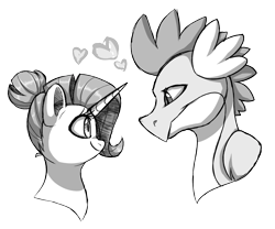 Size: 1280x1064 | Tagged: safe, artist:88ms-allie88, artist:seleniium, character:rarity, character:spike, species:dragon, species:pony, species:unicorn, ship:sparity, alternate hairstyle, female, heart, male, mare, monochrome, older, older spike, shipping, simple background, smiling, straight, transparent background