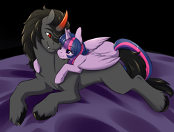 Size: 2100x1600 | Tagged: safe, artist:duskyamore, character:king sombra, character:twilight sparkle, character:twilight sparkle (alicorn), species:alicorn, species:pony, ship:twibra, cuddling, cute, female, male, mare, shipping, snuggling, sombradorable, straight, twiabetes