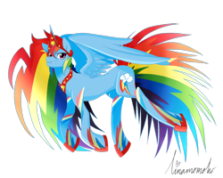 Size: 1280x1024 | Tagged: safe, artist:linamomoko, character:rainbow dash, species:alicorn, species:pony, g4, alicornified, clothing, crown, female, hoof shoes, jewelry, looking at you, mare, necklace, peytral, race swap, rainbowcorn, regalia, shoes, signature, simple background, solo, three quarter view, transparent background