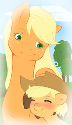 Size: 1268x2196 | Tagged: safe, artist:loure201, character:applejack, oc, oc:tasty apple, parent:applejack, parent:cheese sandwich, parents:cheesejack, accessory swap, blushing, foal, offspring