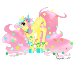 Size: 1280x1024 | Tagged: safe, artist:linamomoko, character:fluttershy, species:alicorn, species:pony, alicornified, blushing, cute, eyes, female, flower, flower in hair, fluttercorn, hair over one eye, long hair, race swap, raised hoof, signature, simple background, solo, transparent background