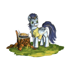 Size: 1000x1000 | Tagged: safe, artist:da-exile, character:soarin', species:pegasus, species:pony, newbie artist training grounds, atg 2015, clothing, grass, looking back, male, open mouth, outdoors, pie, shirt, simple background, solo, stallion, standing, that pony sure does love pies, tree stump, white background