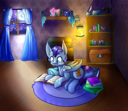 Size: 1280x1109 | Tagged: safe, artist:mdragonflame, character:princess luna, oc, oc:wax n' wane, species:bat pony, species:pony, commission, cute, moon, moonlight, old cutie mark, reading, smiling, solo, wings