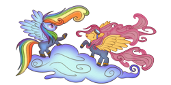 Size: 1200x600 | Tagged: safe, artist:macalaniaa, character:rainbow dash, character:scootaloo, species:pegasus, species:pony, clothing, cloud, eyes closed, female, goggles, mare, simple background, smiling, transparent background, uniform, wonderbolts uniform