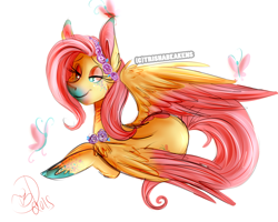 Size: 1280x1024 | Tagged: safe, artist:trishabeakens, character:fluttershy, species:pegasus, species:pony, butterfly, female, mare, signature, simple background, solo, white background