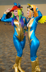 Size: 3518x5451 | Tagged: safe, artist:cosplayhazard, photographer:joey, character:rainbow dash, character:spitfire, species:human, boots, bronycon, bronycon 2015, cleavage, clothing, cosplay, costume, fake ears, fake wings, female, goggles, high heel boots, irl, irl human, photo, shoes, uniform