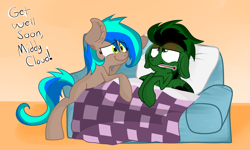 Size: 1796x1080 | Tagged: safe, artist:kittensneezikuns, oc, oc only, oc:kittensneeze, oc:midnight cloud, ponysona, species:earth pony, species:pegasus, species:pony, big ears, bipedal leaning, blanket, couch, cute, ear fluff, female, fever, floppy ears, frown, get well soon, long mane, long tail, looking up, male, pillow, sick, smiling, spread wings, steam, text, thermometer, unamused, wings, worried