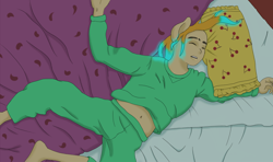 Size: 1000x590 | Tagged: safe, artist:duskswordsman, oc, oc only, species:anthro, ambiguous facial structure, bed, clothing, glowing hair, pajamas, sleeping, solo