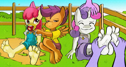 Size: 1400x747 | Tagged: safe, artist:zuneycat, character:apple bloom, character:scootaloo, character:sweetie belle, species:anthro, species:plantigrade anthro, barefoot, collar, cutie mark crusaders, feet, foot fetish, foot focus, pet play, soles, toes