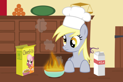 Size: 4500x3000 | Tagged: safe, artist:ohitison, character:cheerilee, character:derpy hooves, species:pegasus, species:pony, bowl, cereal, cheerios, chef's hat, clothing, derpy being derpy, duo, female, fire, hat, high res, i just don't know what went wrong, mare, milk, parody, pimp hat, simpsons did it, solo, the simpsons, wat