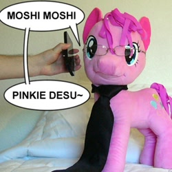 Size: 300x300 | Tagged: safe, artist:adenyne, character:pinkie pie, cellphone, glasses, irl, moshi moshi, necktie, phone, photo, plushie, smartphone