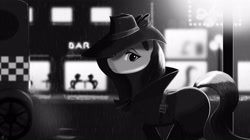 Size: 5000x2800 | Tagged: safe, artist:warfost, character:rarity, episode:rarity investigates, g4, my little pony: friendship is magic, clothing, detective, detective rarity, grayscale, hat, noir, rain, that was fast