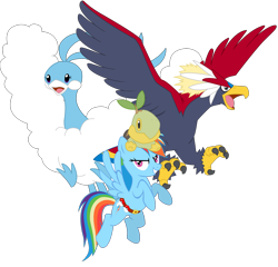 Size: 1958x1876 | Tagged: safe, artist:seaandsunshine, character:rainbow dash, species:bird, species:pegasus, species:pony, altaria, braviary, crossover, female, flying, mare, pokémon, simple background, transparent background, turtwig, vector